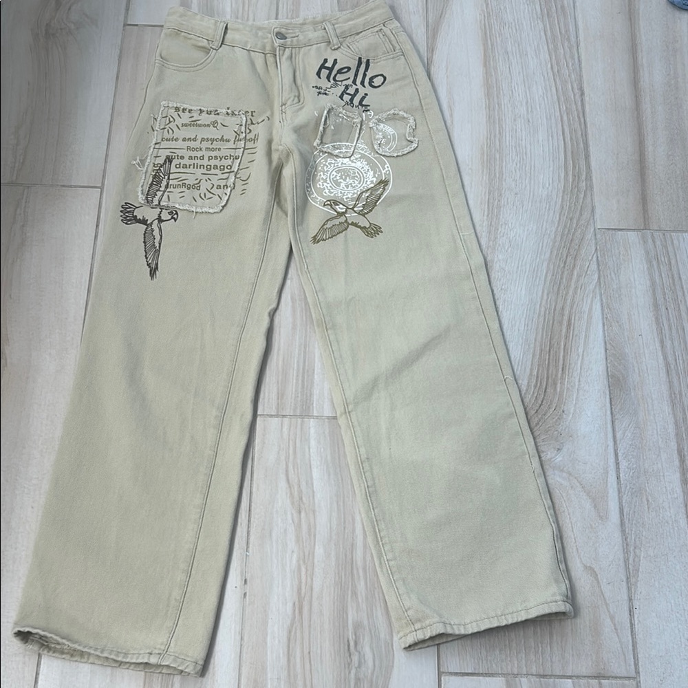 Beige Graphic Print Jeans